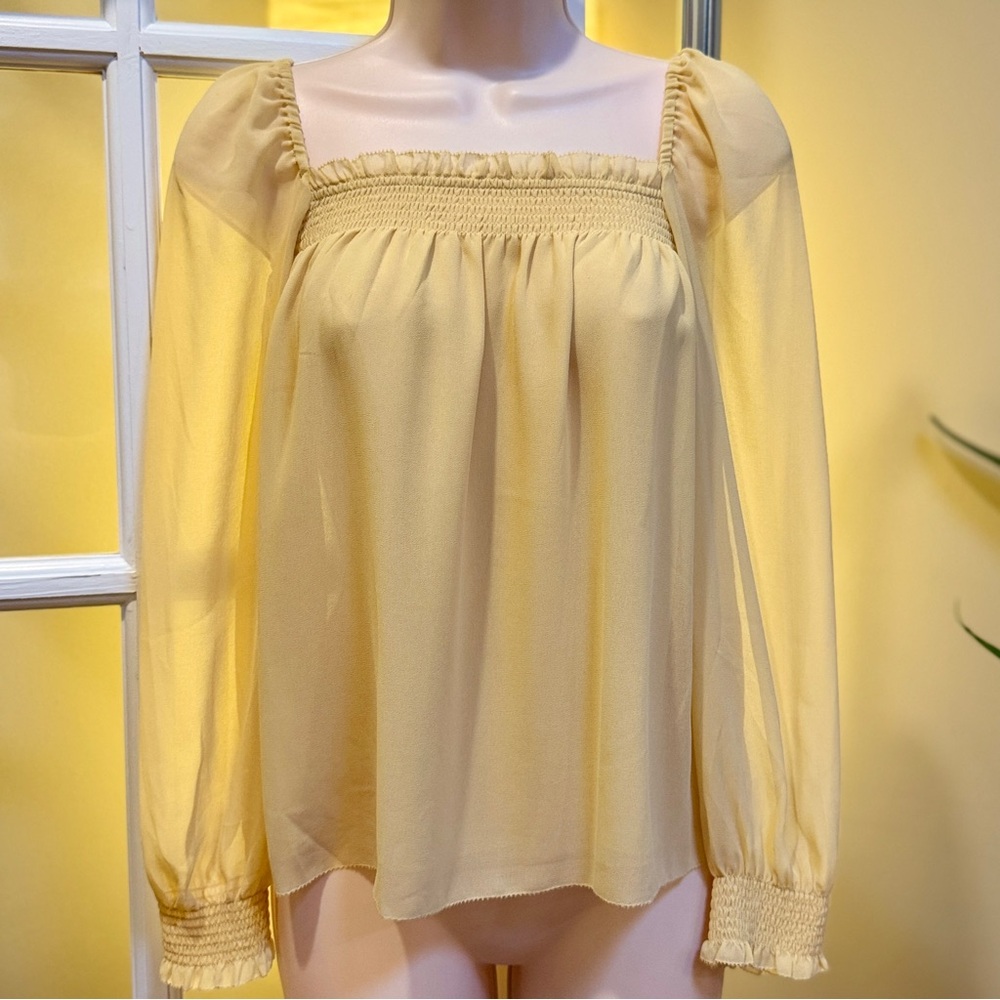 Aritzia Wilfred Yellow Smocked Puff Sleeve Blouse